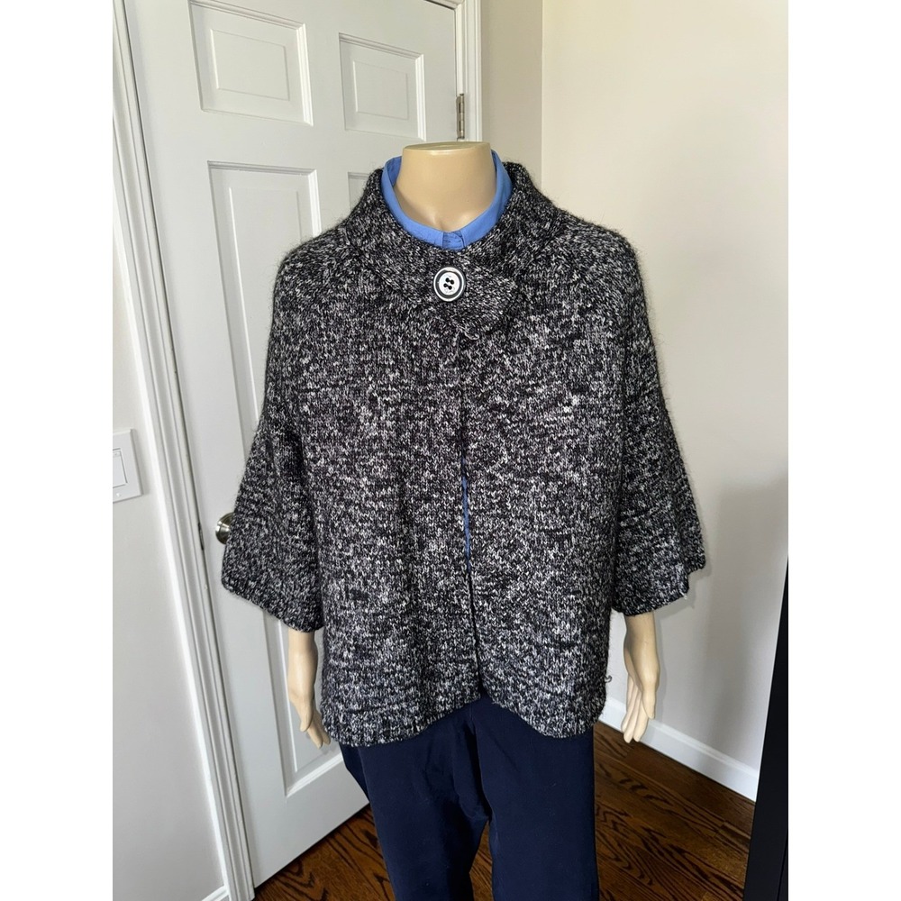Womens Black White Marled Chunky Knit Cardigan Single Button Funnel Neck Sweater